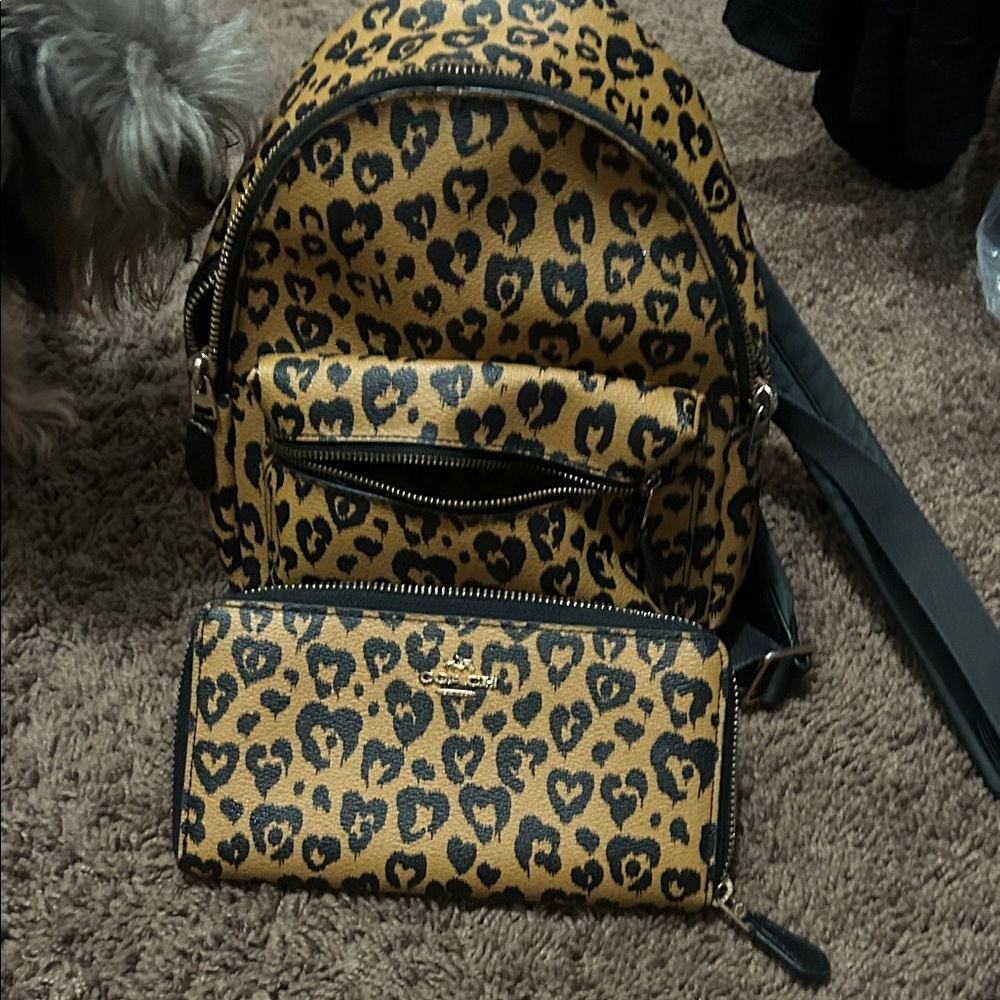 Coach Black and Tan Leopard Print Wallet and Small backpack